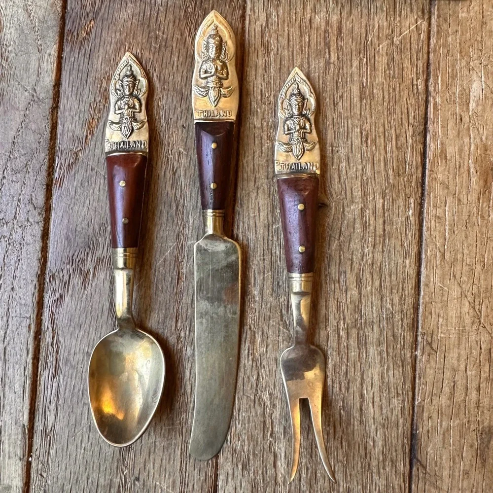 Vtg Thailand Brass Appetizer Flatware Set Buddha Wood Handle Gold 1960s Dining